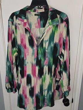 For Cynthia Linen Blend Multicolor Brushstroke Tunic Sz 2X